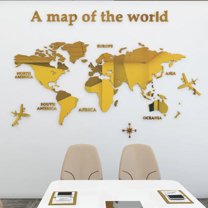 Map Of The World 3d Wall Mural Crystal Mirrored Acrylic World Map Wall Decal Sticker For Office Living Room Kid's Room Creative DIY Home Decor | Bowlift