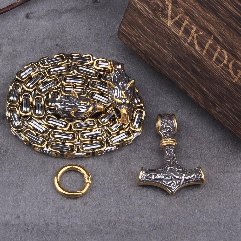 BowLift | 60–90 cm Stainless Steel Double Wolf Head & Mjolnir Survival Spirit Necklace/Bracelet