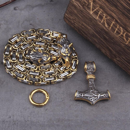 BowLift | 60–90 cm Stainless Steel Double Wolf Head & Mjolnir Survival Spirit Necklace/Bracelet
