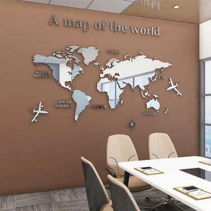 Map Of The World 3d Wall Mural Crystal Mirrored Acrylic World Map Wall Decal Sticker For Office Living Room Kid's Room Creative DIY Home Decor | Bowlift