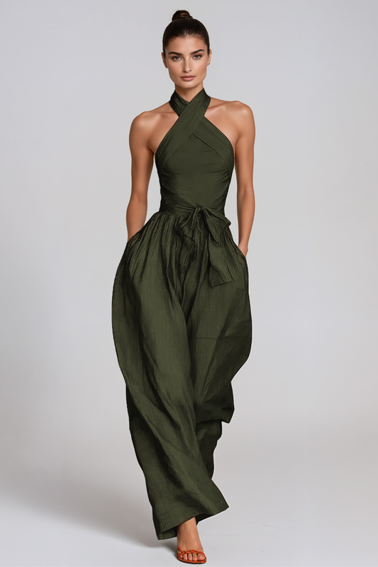 Women’s Green Halter Neck Baggy Jumpsuit with Tie Detail and Relaxed Fit