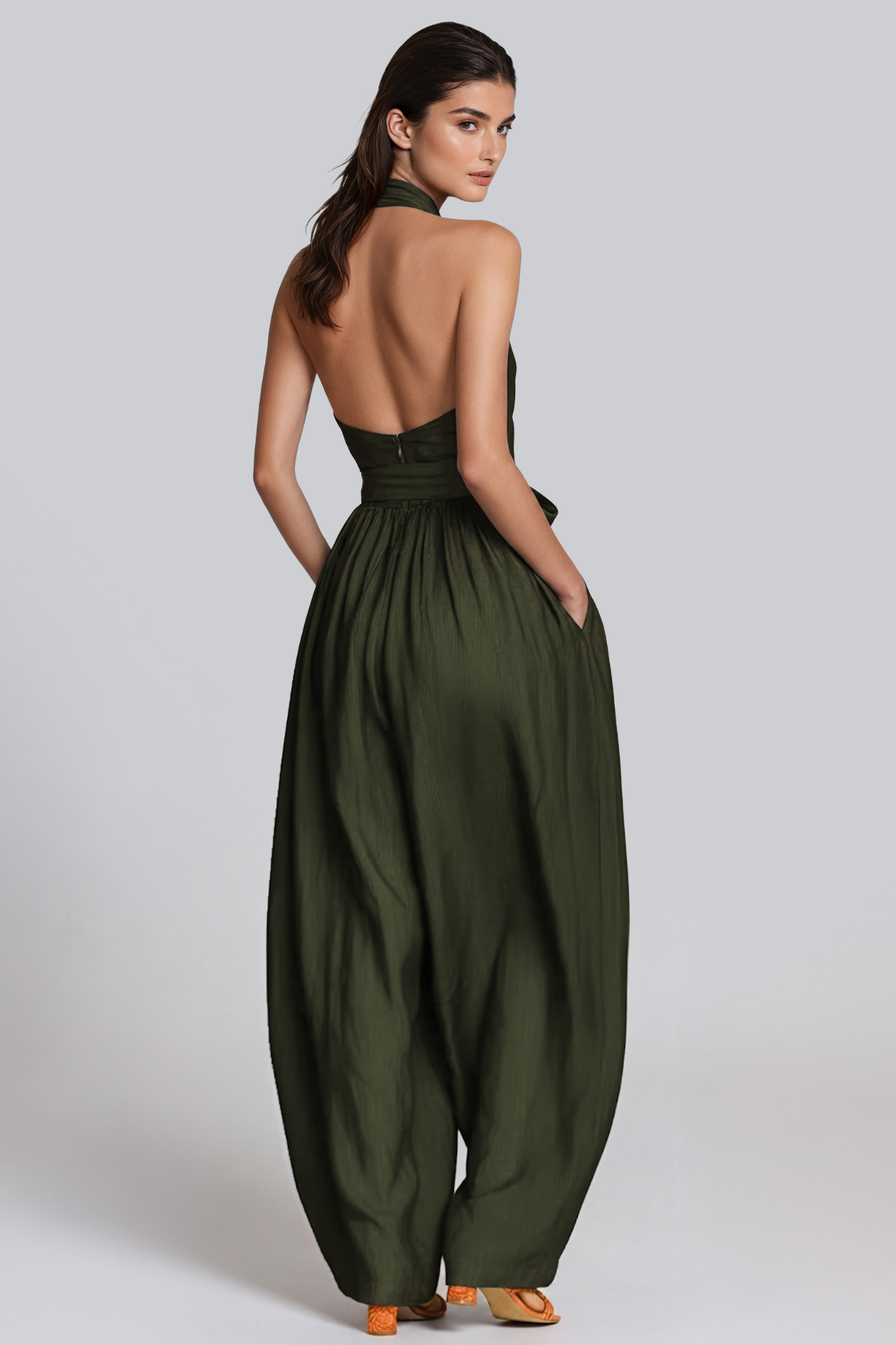 Women’s Green Halter Neck Baggy Jumpsuit with Tie Detail and Relaxed Fit