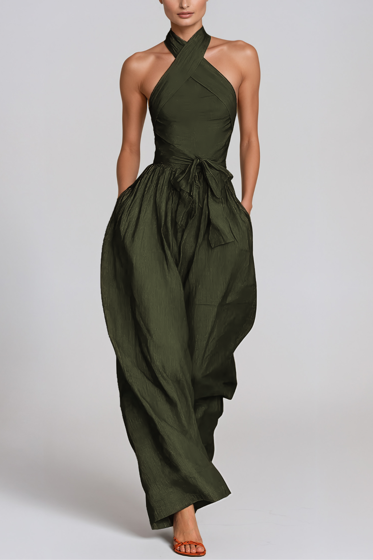Women’s Green Halter Neck Baggy Jumpsuit with Tie Detail and Relaxed Fit