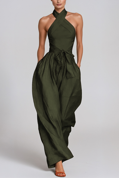 Women’s Green Halter Neck Baggy Jumpsuit with Tie Detail and Relaxed Fit