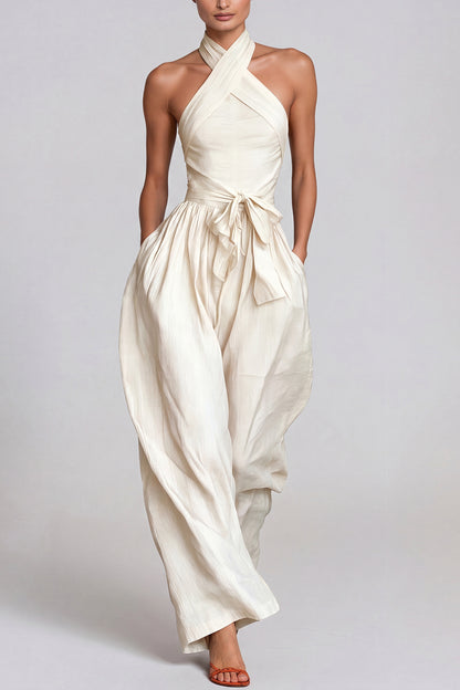 Women’s White Halter Neck Baggy Jumpsuit with Tie Detail and Relaxed Fit