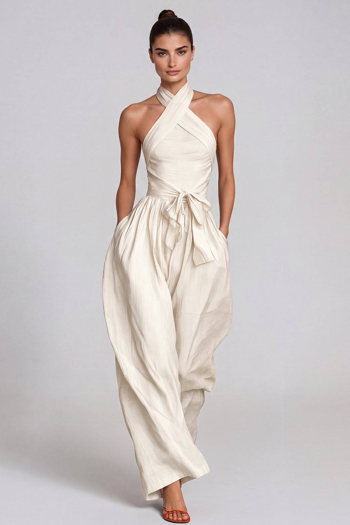Women’s White Halter Neck Baggy Jumpsuit with Tie Detail and Relaxed Fit