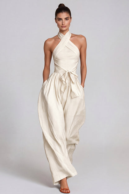 Women’s White Halter Neck Baggy Jumpsuit with Tie Detail and Relaxed Fit