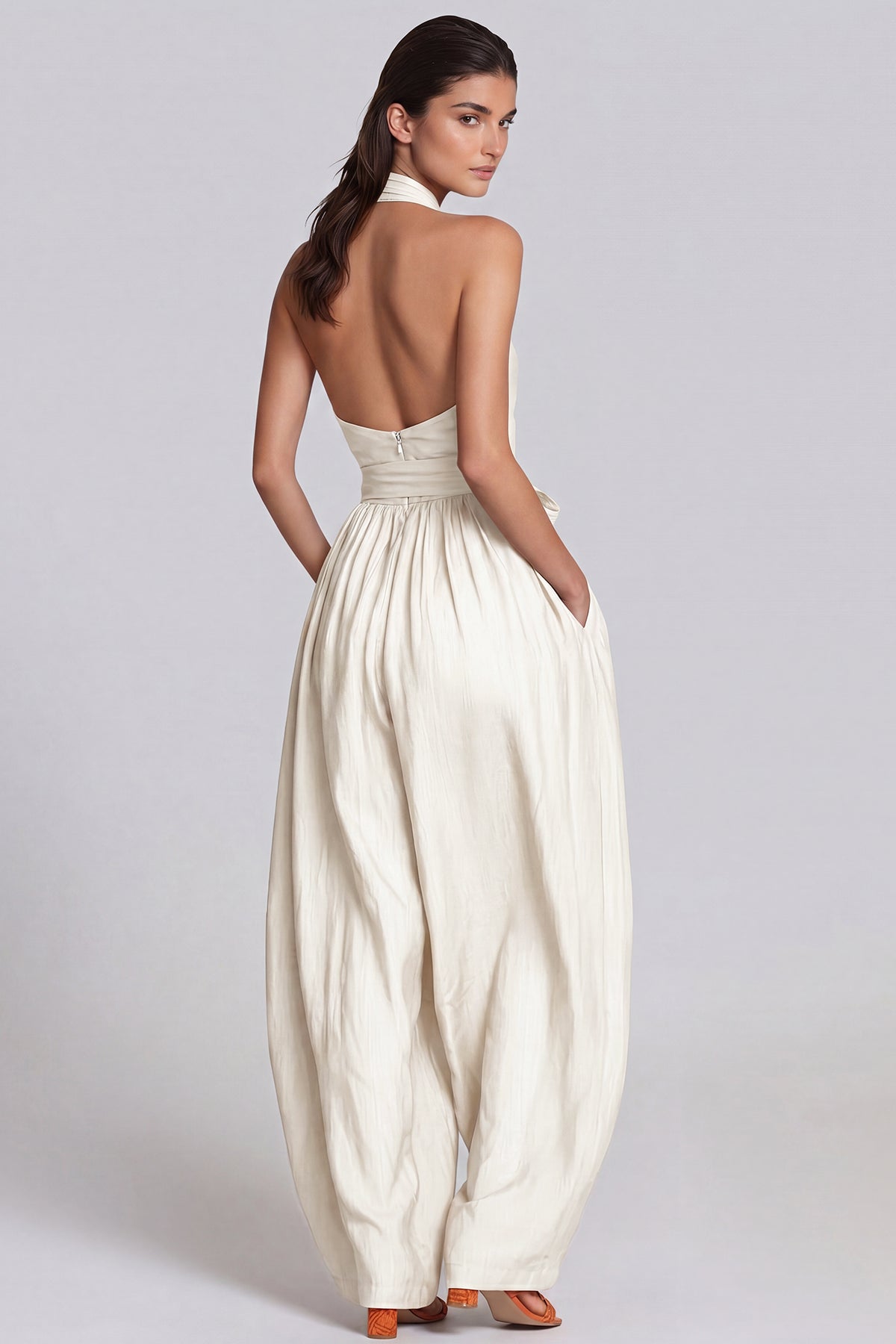 Women’s White Halter Neck Baggy Jumpsuit with Tie Detail and Relaxed Fit