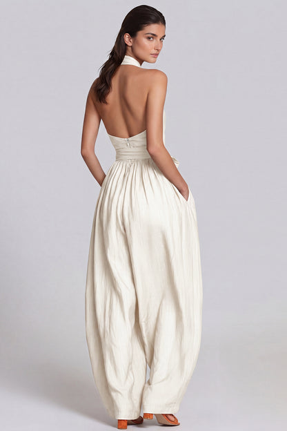 Women’s White Halter Neck Baggy Jumpsuit with Tie Detail and Relaxed Fit