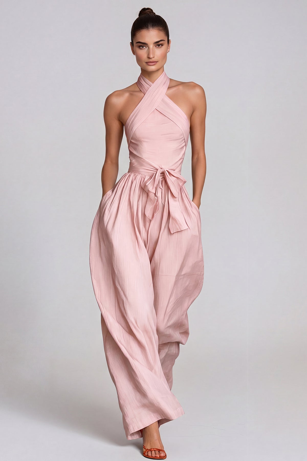 Women’s Pink Halter Neck Baggy Jumpsuit with Tie Detail and Relaxed Fit