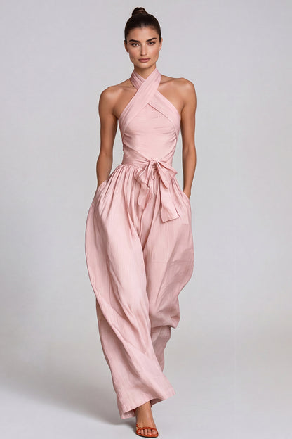 Women’s Pink Halter Neck Baggy Jumpsuit with Tie Detail and Relaxed Fit