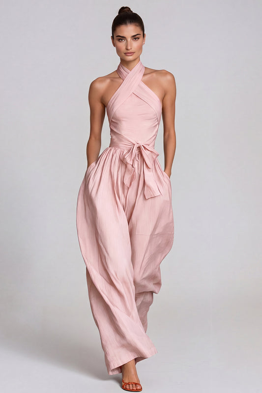 Women’s Pink Halter Neck Baggy Jumpsuit with Tie Detail and Relaxed Fit