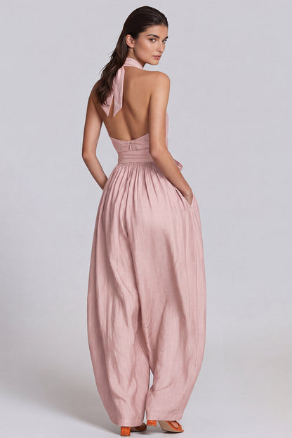 Women’s Pink Halter Neck Baggy Jumpsuit with Tie Detail and Relaxed Fit
