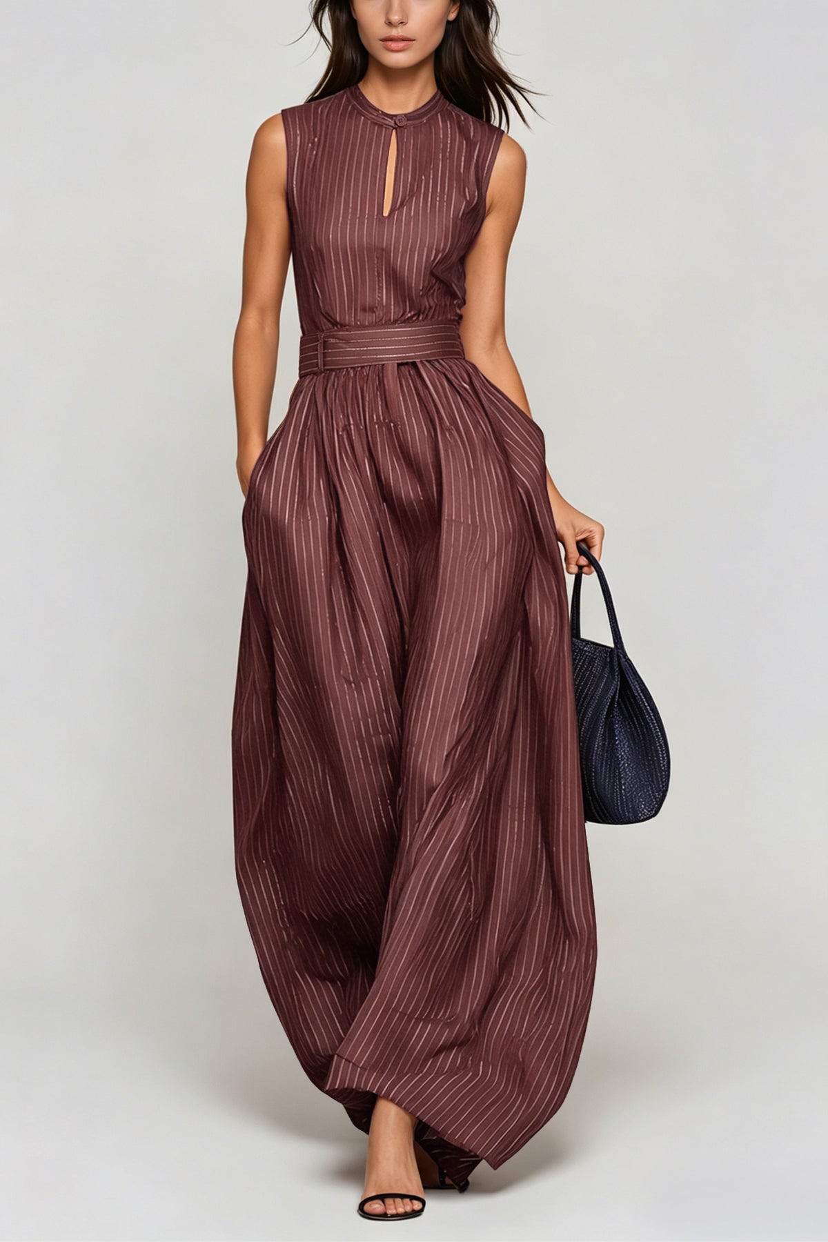 Women’s Brown Sleeveless Wide Leg Jumpsuit with Cutout Detail and Stripe Pattern