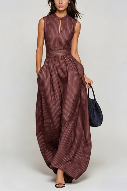Women’s Brown Sleeveless Wide Leg Jumpsuit with Cutout Detail and Stripe Pattern