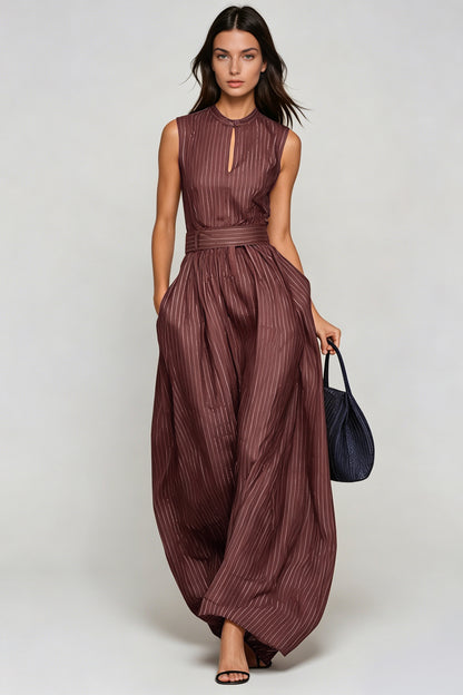 Women’s Brown Sleeveless Wide Leg Jumpsuit with Cutout Detail and Stripe Pattern