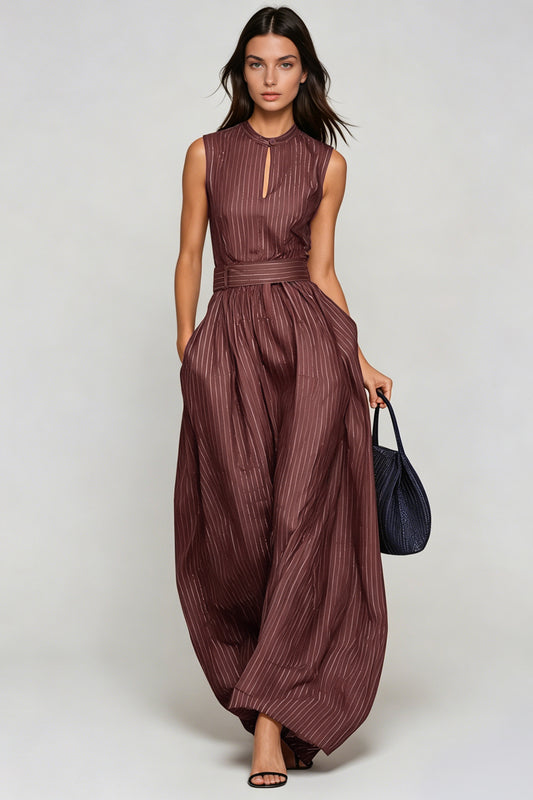 Women’s Brown Sleeveless Wide Leg Jumpsuit with Cutout Detail and Stripe Pattern