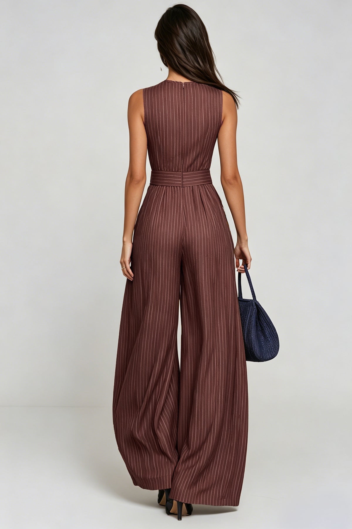 Women’s Brown Sleeveless Wide Leg Jumpsuit with Cutout Detail and Stripe Pattern