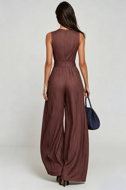 Women’s Brown Sleeveless Wide Leg Jumpsuit with Cutout Detail and Stripe Pattern