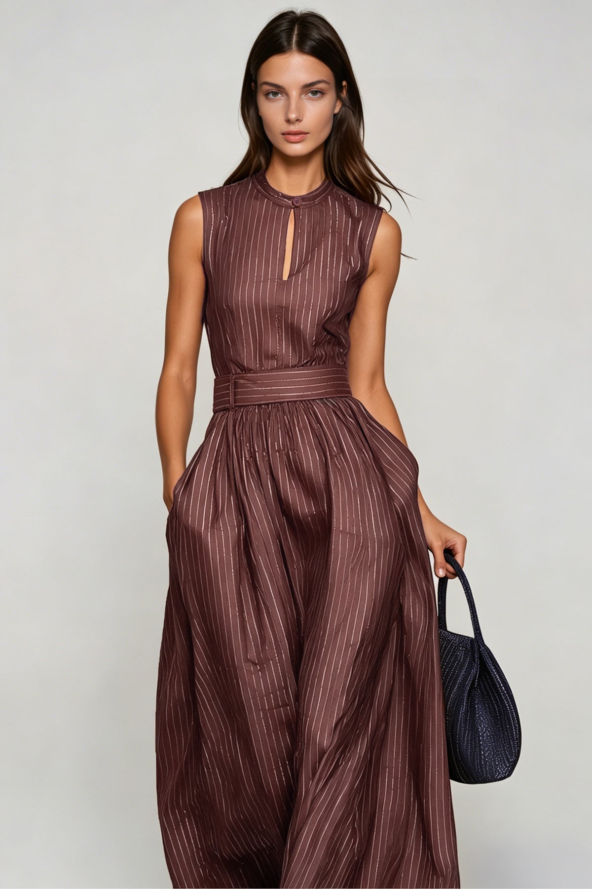 Women’s Brown Sleeveless Wide Leg Jumpsuit with Cutout Detail and Stripe Pattern