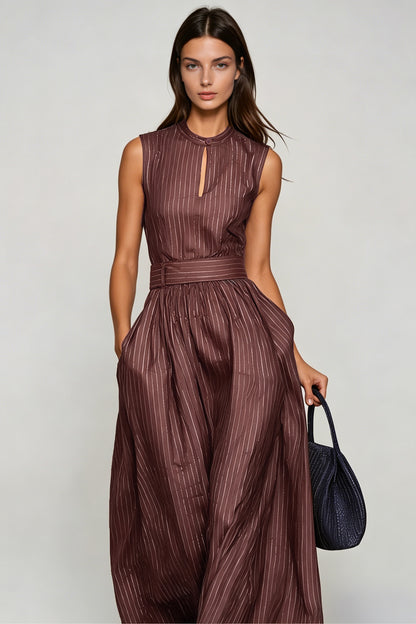 Women’s Brown Sleeveless Wide Leg Jumpsuit with Cutout Detail and Stripe Pattern