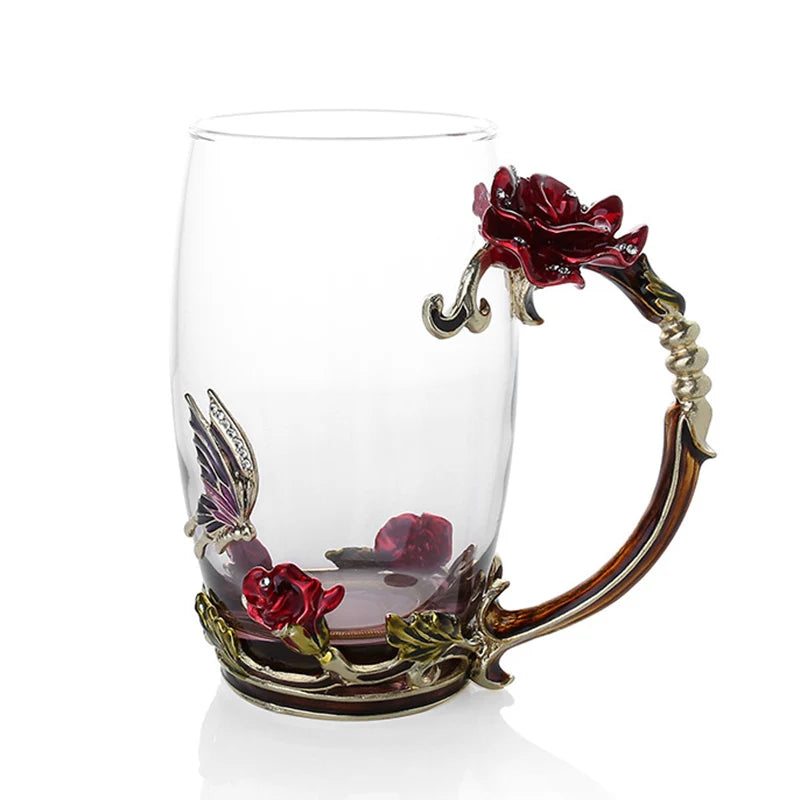 BowLift | Handcrafted Enamel Coffee Mugs Rose-Glass Tea Cup with Steel Spoon Luxury Unique Gifts for Wedding Valentine's Day Birthday Gifts