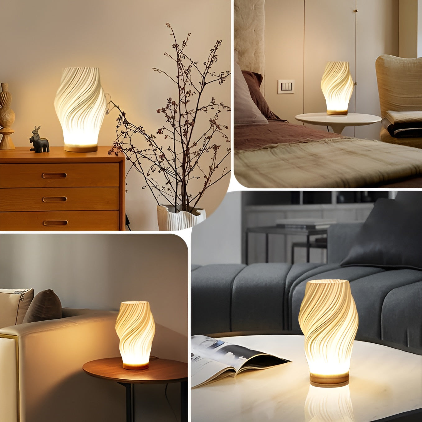 BowLift DreamWave: Modern Cream-Colored 3D Wave Lamp with an Elegant Metal Base