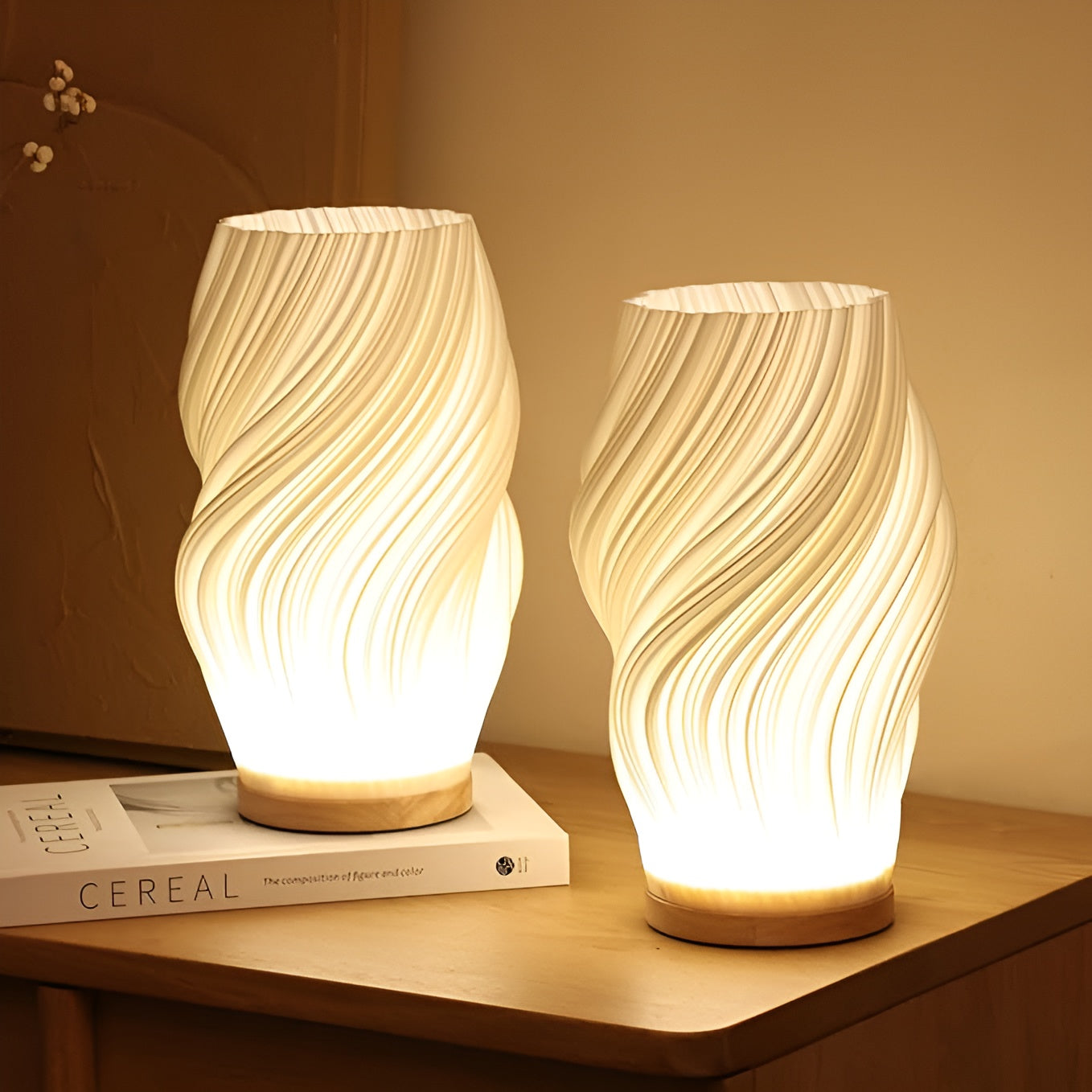 BowLift DreamWave: Modern Cream-Colored 3D Wave Lamp with an Elegant Metal Base