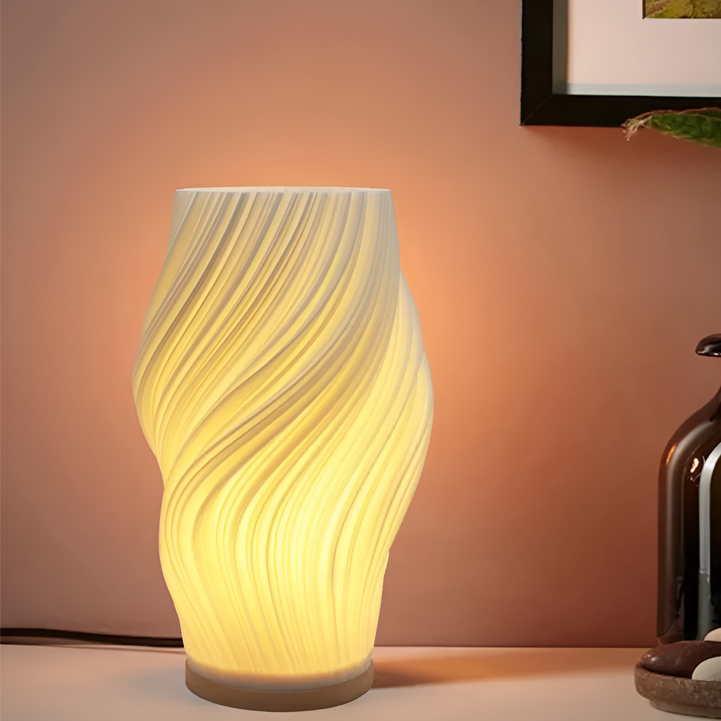 BowLift DreamWave: Modern Cream-Colored 3D Wave Lamp with an Elegant Metal Base