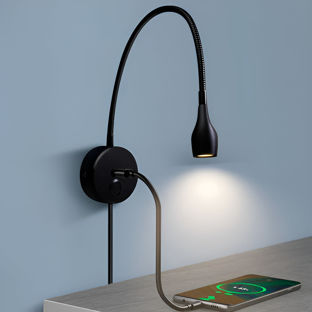BowLift TouchGlow: 2-in-1 Swan-Neck Wall Lamp with USB Charger for Cozy Reading Evenings
