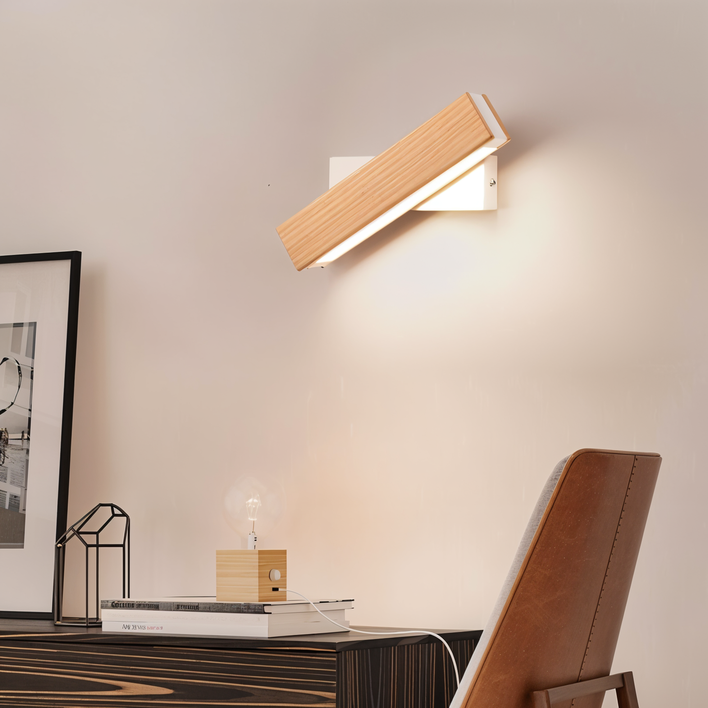 BowLift TwistLED Wall Lamp — 360° Rotatable, Wooden Rectangular LED Wall Light