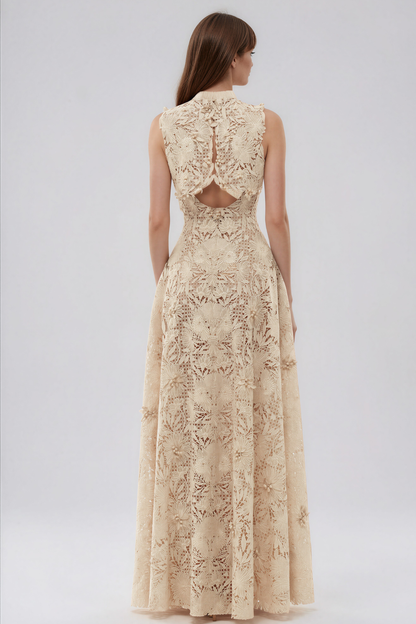 cream sleeveless floral lace maxi dress