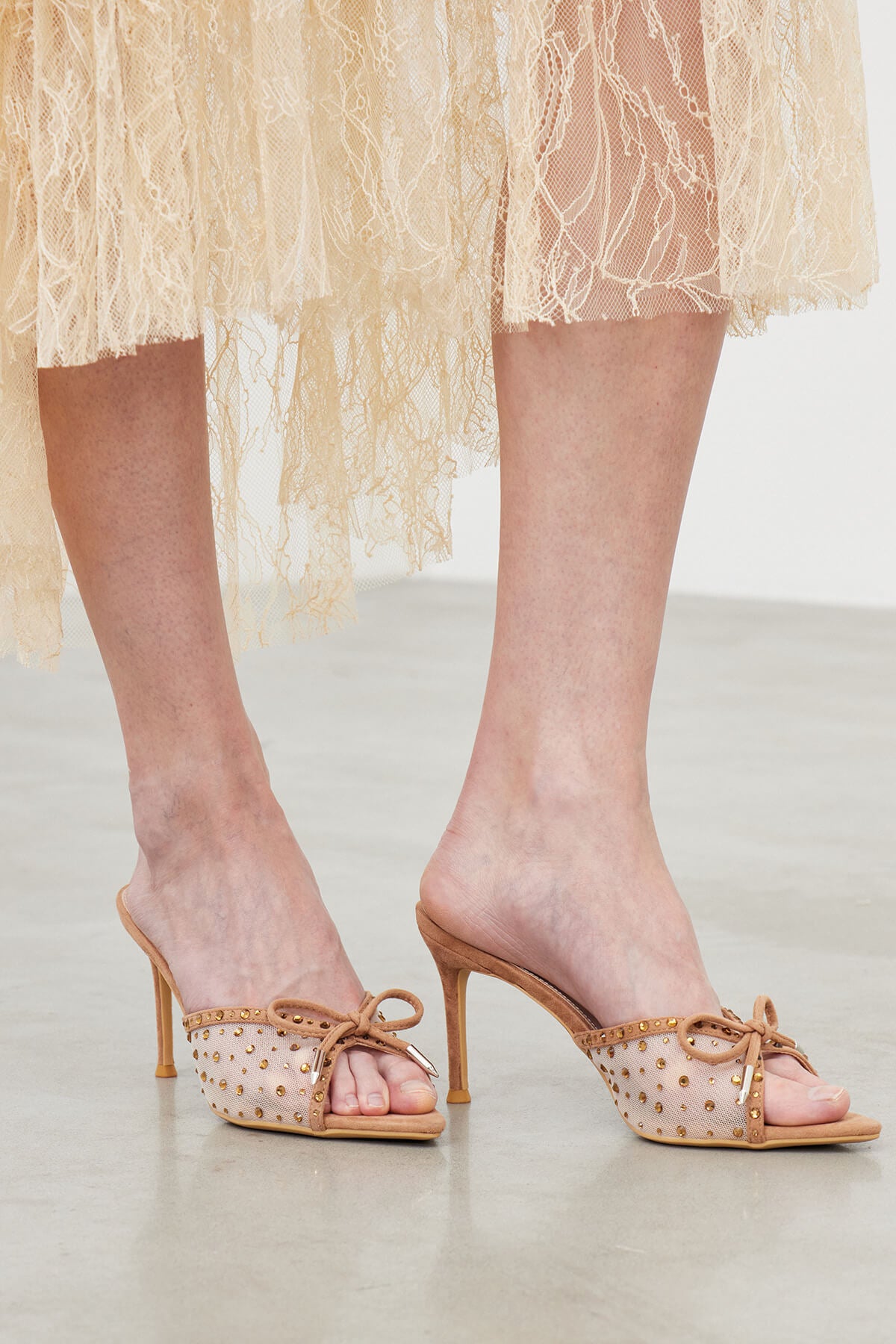 Women’s Gold Rhinestone Bow Heeled Sandals with Pointed Toe and Stiletto Heel
