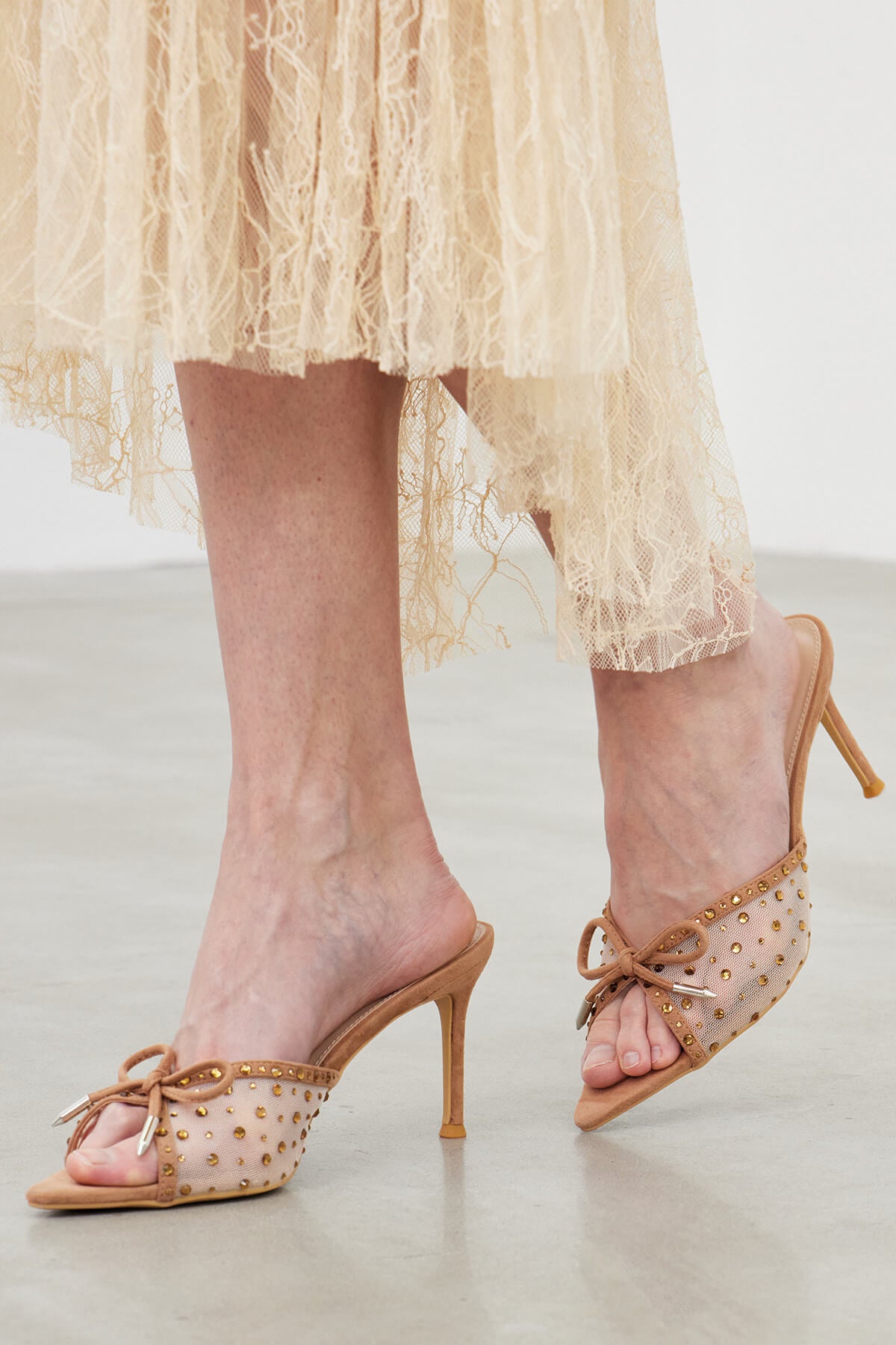 Women’s Gold Rhinestone Bow Heeled Sandals with Pointed Toe and Stiletto Heel