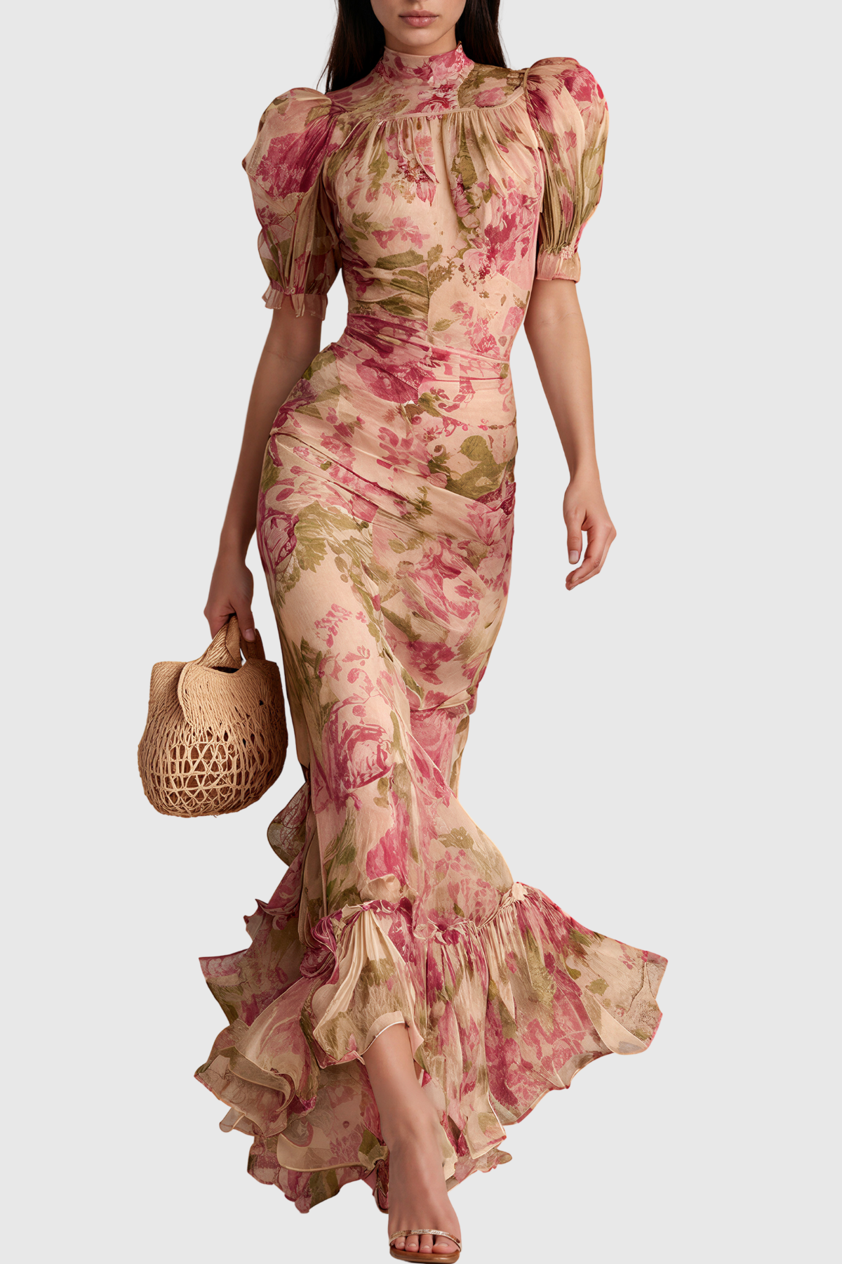 Women's Pink Floral Puff Sleeve Maxi Dress with A-Line Skirt