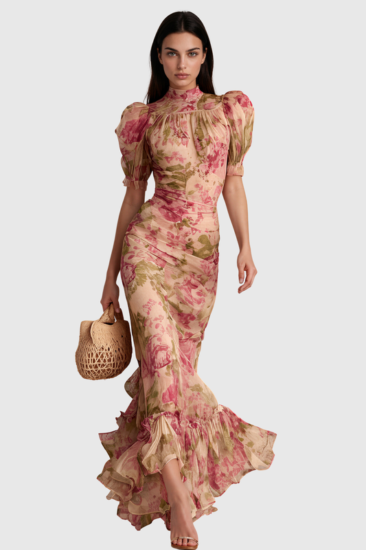 Women's Pink Floral Puff Sleeve Maxi Dress with A-Line Skirt