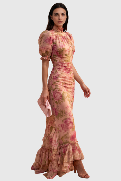 Women's Pink Floral Puff Sleeve Maxi Dress with A-Line Skirt