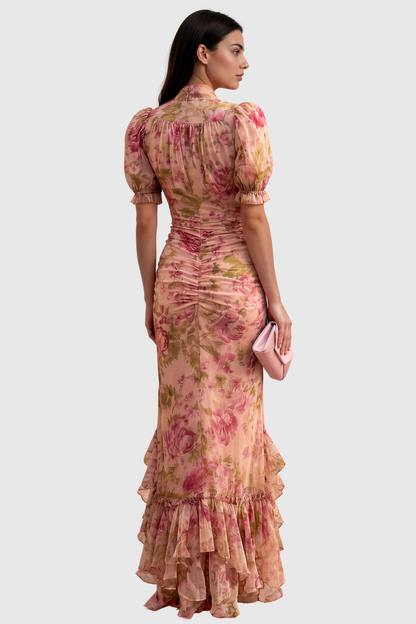 Women's Pink Floral Puff Sleeve Maxi Dress with A-Line Skirt