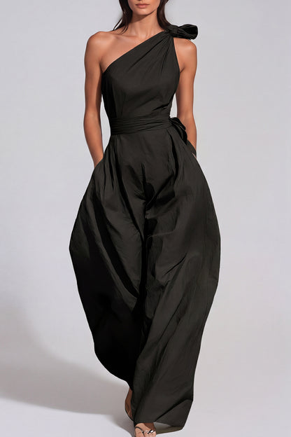Women’s Black One Shoulder Baggy Jumpsuit with Twist Detail and Relaxed Fit
