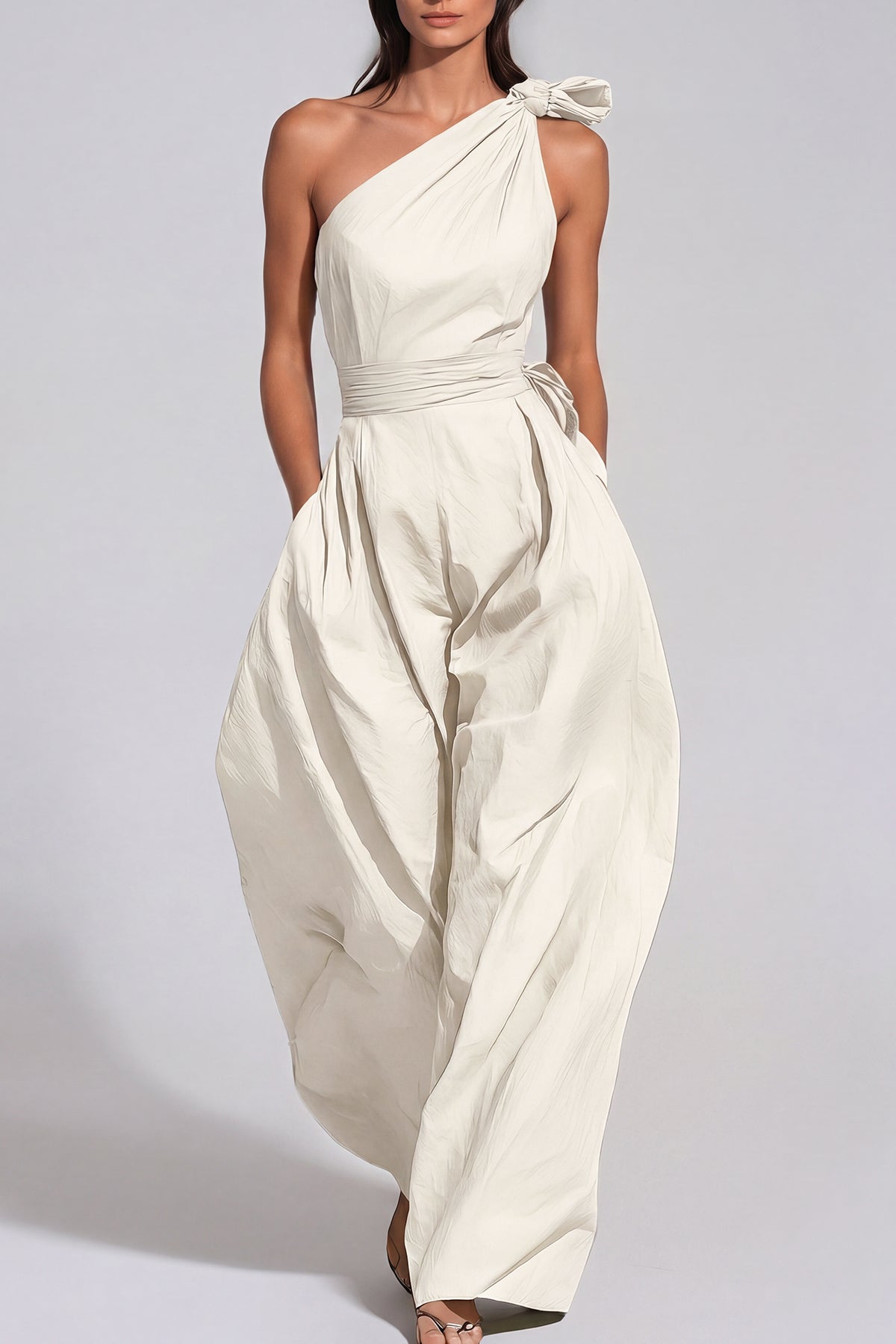 Women’s White One Shoulder Baggy Jumpsuit with Twist Detail and Relaxed Fit