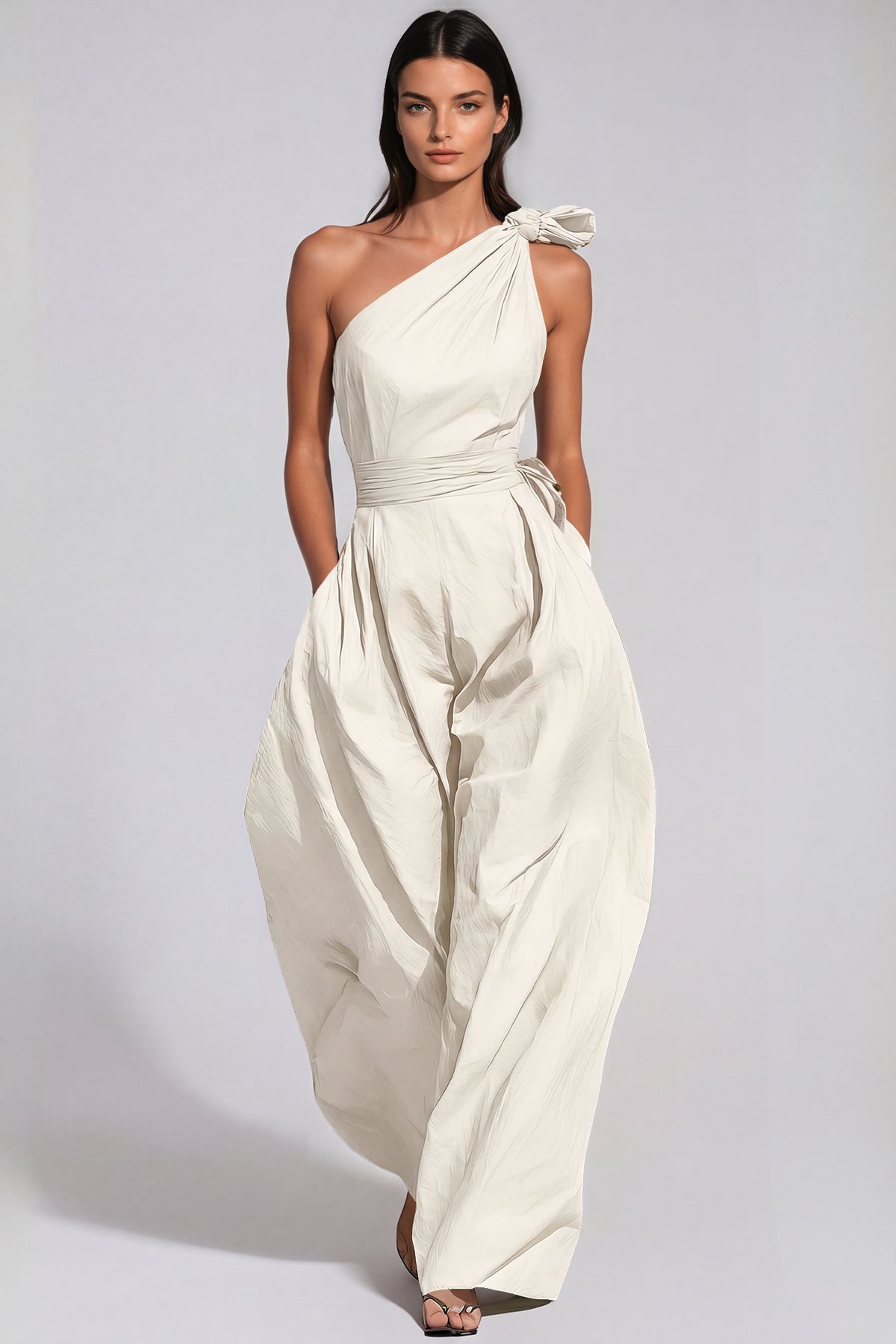 Women’s White One Shoulder Baggy Jumpsuit with Twist Detail and Relaxed Fit