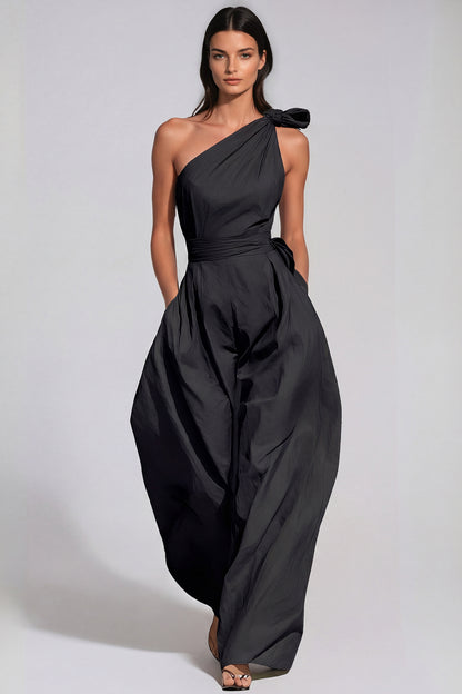 Women’s Black One Shoulder Baggy Jumpsuit with Twist Detail and Relaxed Fit