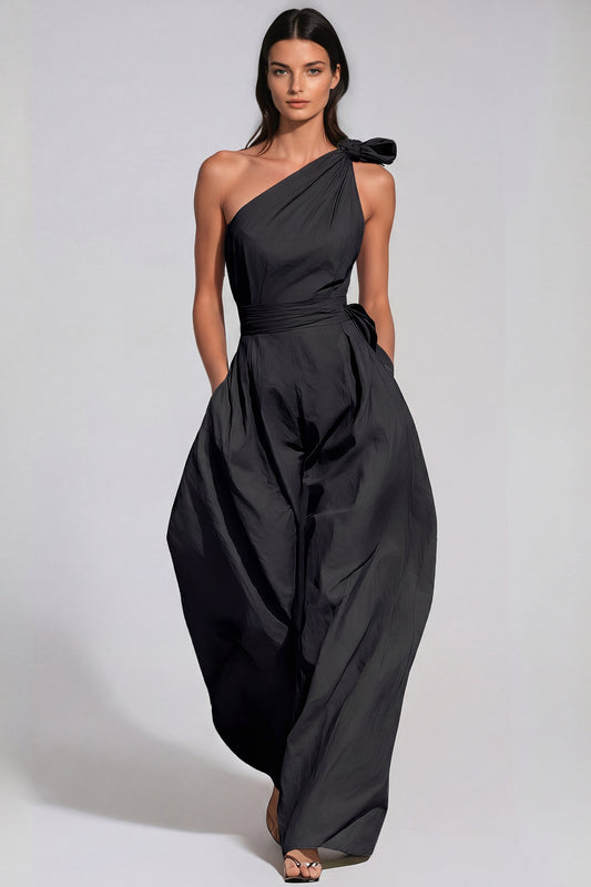 Women’s Black One Shoulder Baggy Jumpsuit with Twist Detail and Relaxed Fit