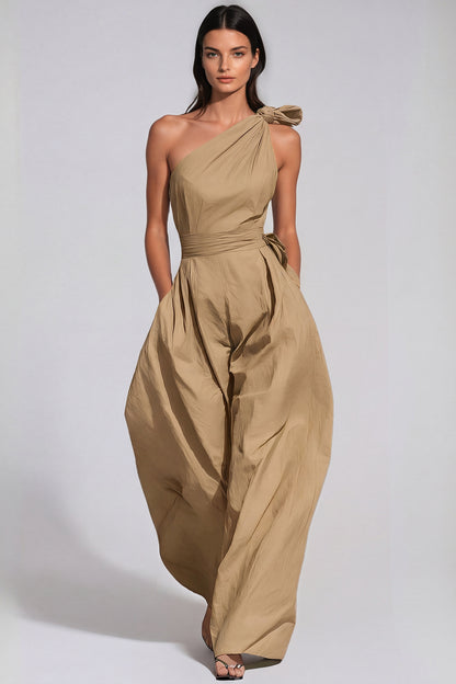 Women’s Khaki One Shoulder Baggy Jumpsuit with Twist Detail and Relaxed Fit
