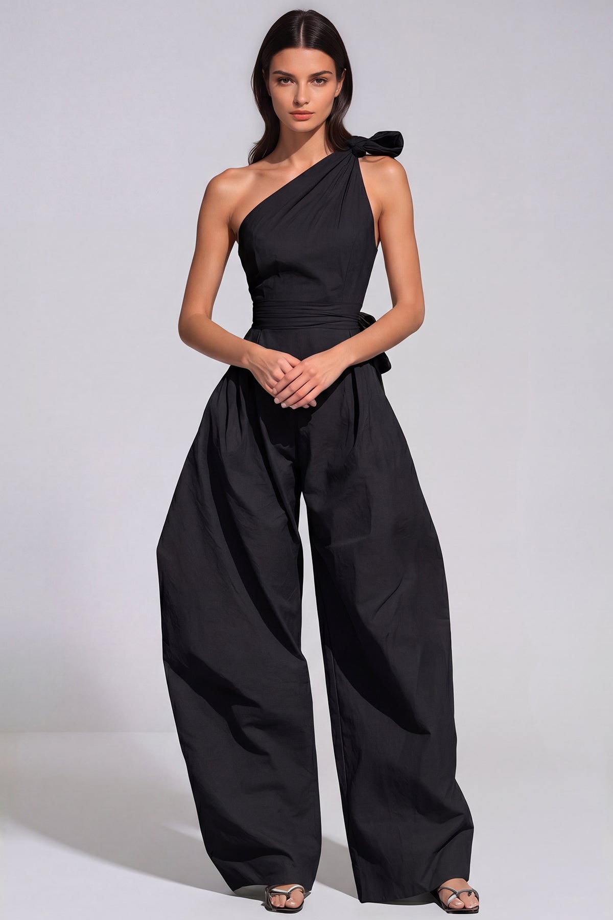 Women’s Black One Shoulder Baggy Jumpsuit with Twist Detail and Relaxed Fit