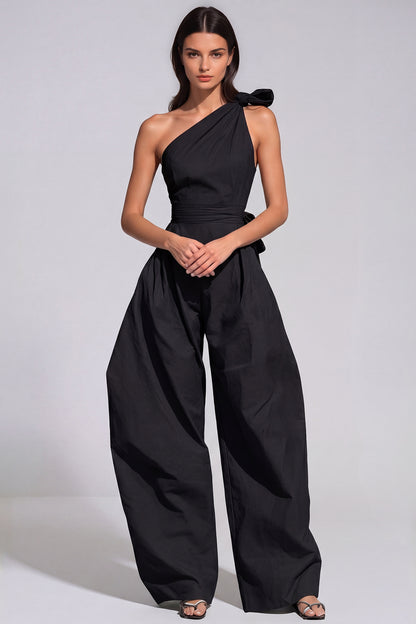 Women’s Black One Shoulder Baggy Jumpsuit with Twist Detail and Relaxed Fit