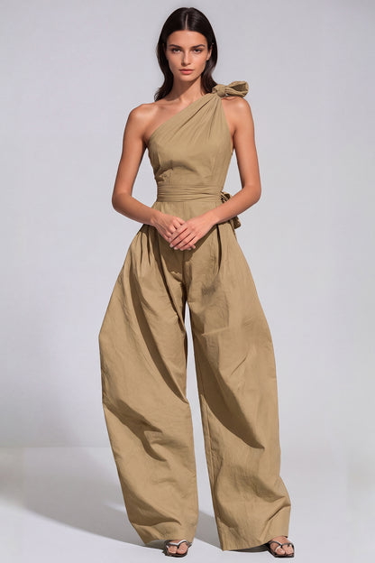 Women’s Khaki One Shoulder Baggy Jumpsuit with Twist Detail and Relaxed Fit