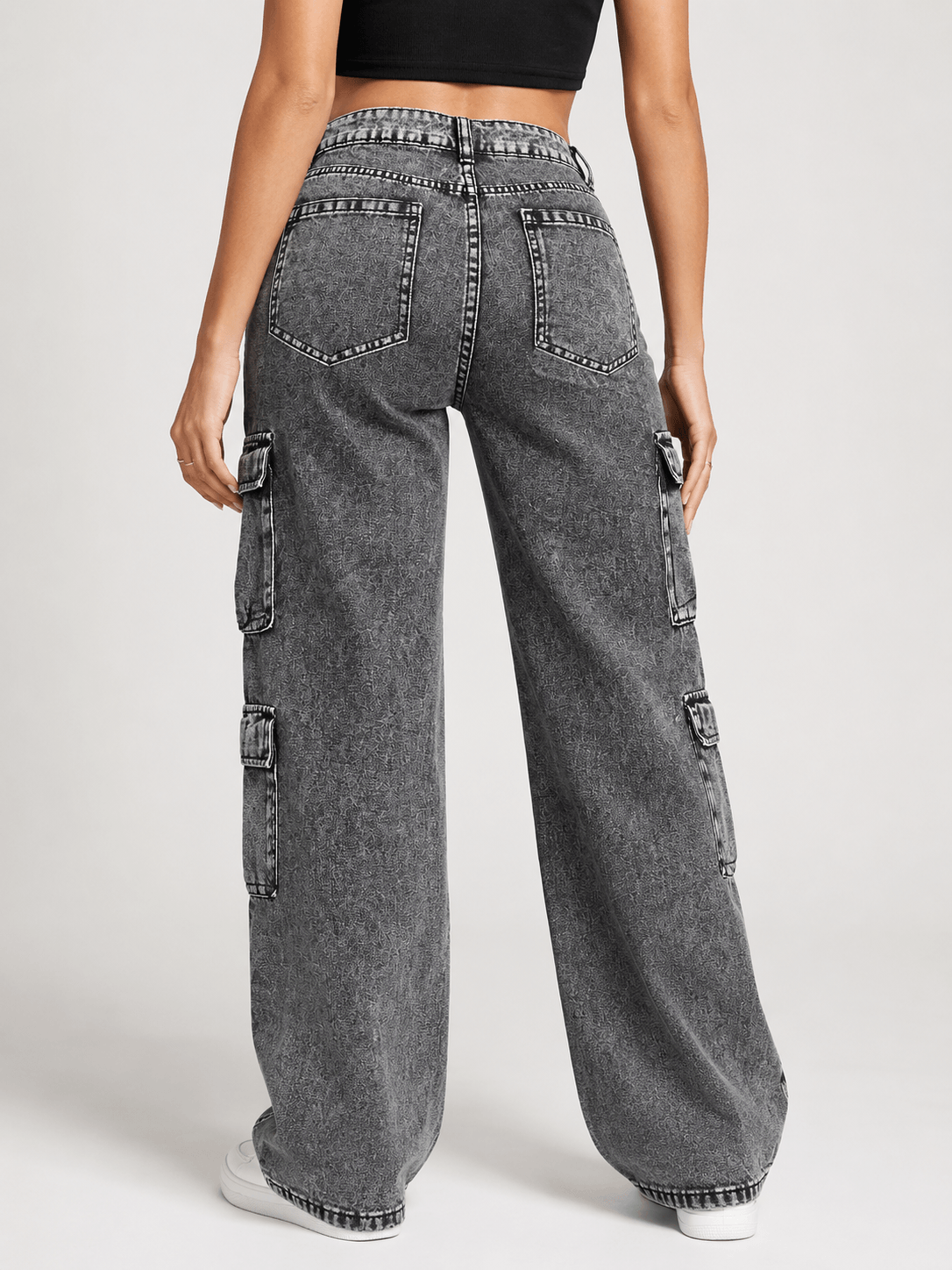 Women’s Grey High Waist Cargo Jeans with Multiple Pockets