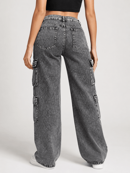 Women’s Grey High Waist Cargo Jeans with Multiple Pockets