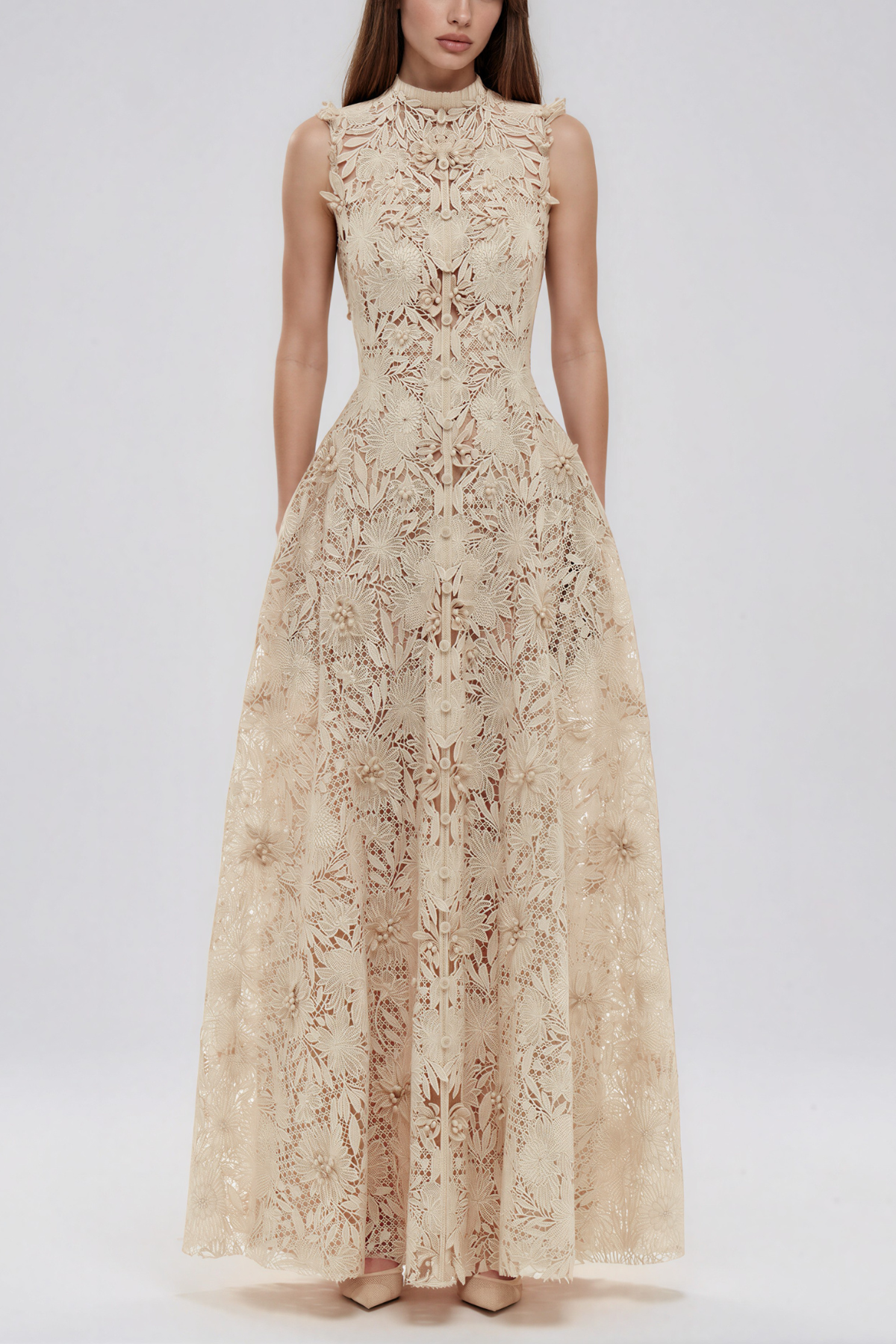 cream sleeveless floral lace maxi dress